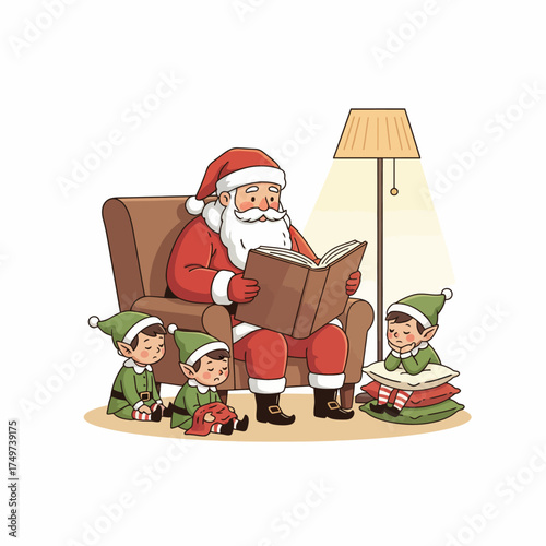 Santa claus reads a book to his elf helpers in a cozy armchair by a lamp creating a heartwarming christmas story scene
