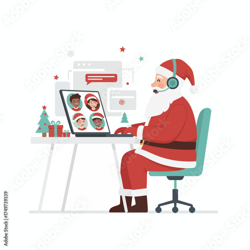 Santa claus wearing a headset and sitting at a desk participating in a video conference call with children on his laptop celebrating christmas remotely during the holidays