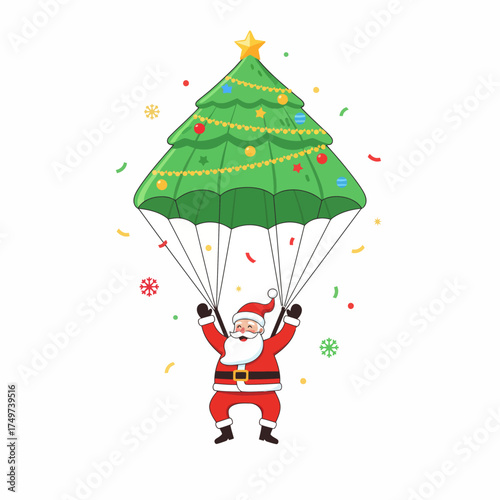 Santa claus parachuting down from the sky with a decorated christmas tree as his parachute bringing festive holiday cheer and gifts during the winter season