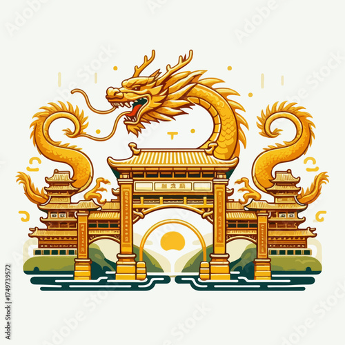 A golden Chinese dragon illustration atop a traditional archway with pagodas, symbolizing Asian culture and heritage.