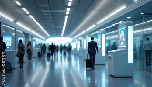 People use modern kiosks in bright airport hall. Travelers with luggage walk past interactive screens, speeding up transit. Advanced tech offers fast check-in, easy boarding.