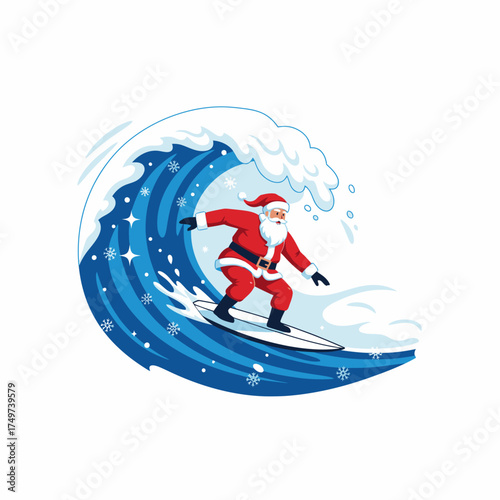 Santa claus surfing a giant blue wave with snowflakes falling around him capturing the spirit of a tropical or unexpected christmas celebration