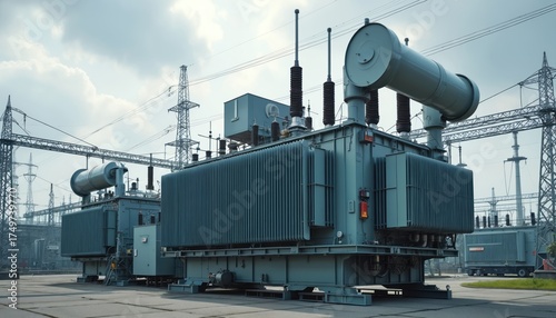 Large industrial power transformers at electrical substation. High voltage equipment for electricity distribution. Energy infrastructure for power generation, supply. Electric power plant with