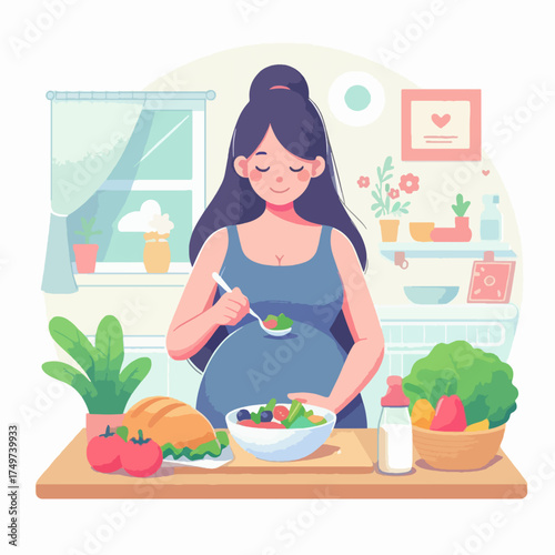 A pregnant woman happily eating a healthy salad in a bright kitchen, surrounded by fresh produce.