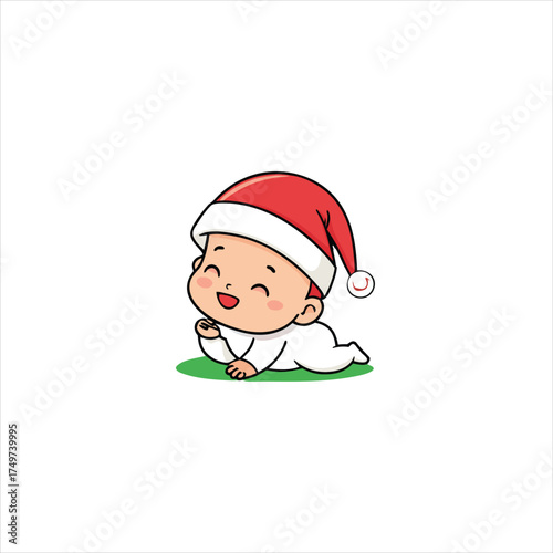 Cartoon illustration of a happy baby wearing a red Santa hat, lying on a small patch of green grass.