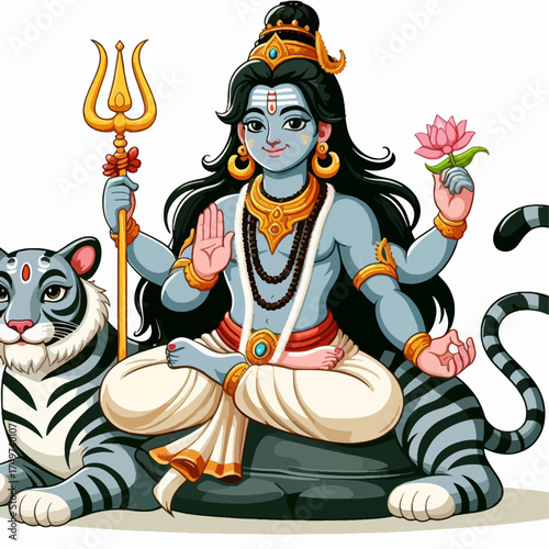 Lord Shiva, a Hindu deity, with blue skin, multiple arms, holding a trident and lotus, seated on a tiger skin with a tiger.