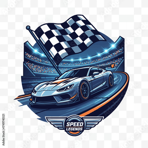 Dynamic stock car racing vector illustration. Finish line moment with checkered flag, glowing stadium, blueorange gradients. Perfect for motorsport, speed, achievement themes.