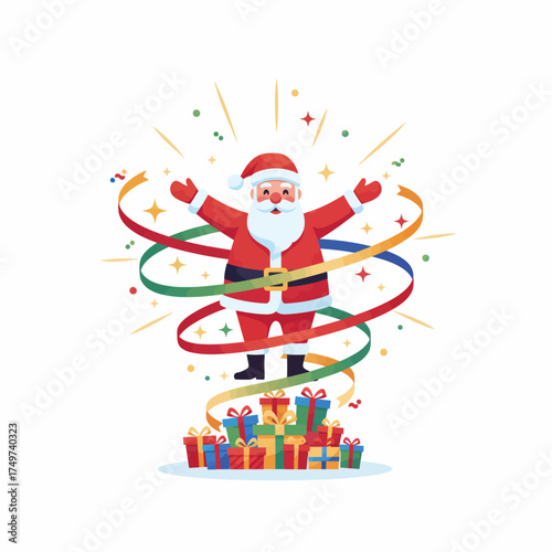 Joyful santa claus with open arms surrounded by colorful ribbons and gifts celebrating the spirit of christmas and holiday cheer