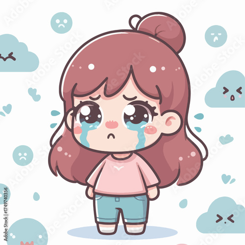 A cute chibi cartoon girl with pink hair crying with tears streaming down her face, surrounded by sad cloud emojis.