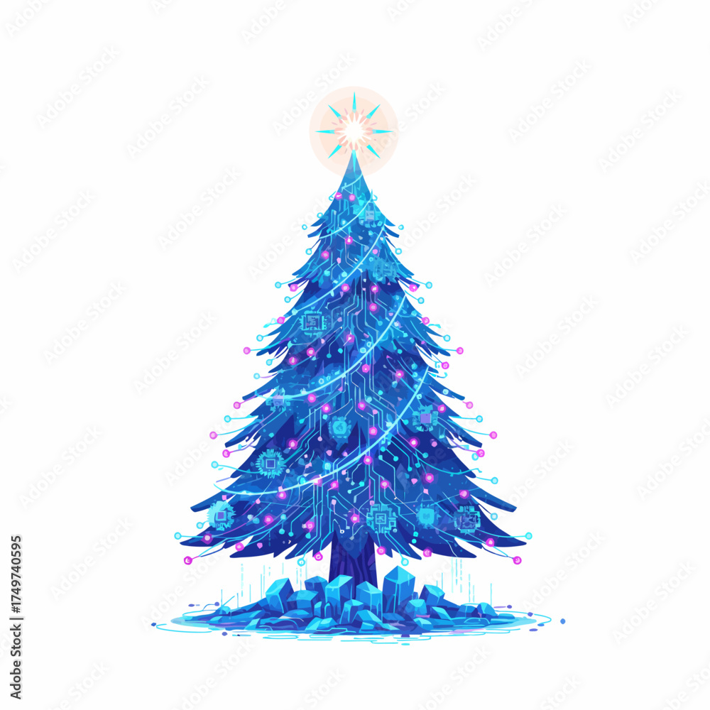 Obraz premium A vibrant digitally illustrated christmas tree adorned with sparkling blue lights and a glowing star on top set against a clean white background evoking holiday cheer and festive spirit