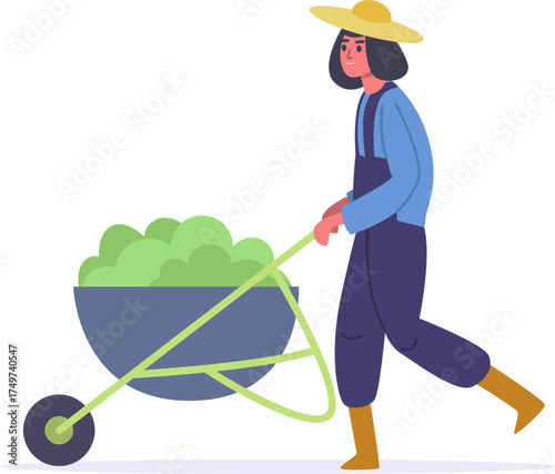 Woman farmer pushing wheelbarrow with green harvest