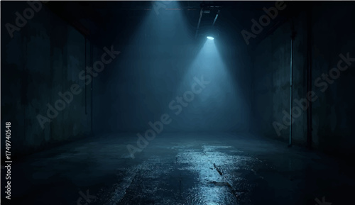 dark room with spotlight and moody light illuminating an empty hallway