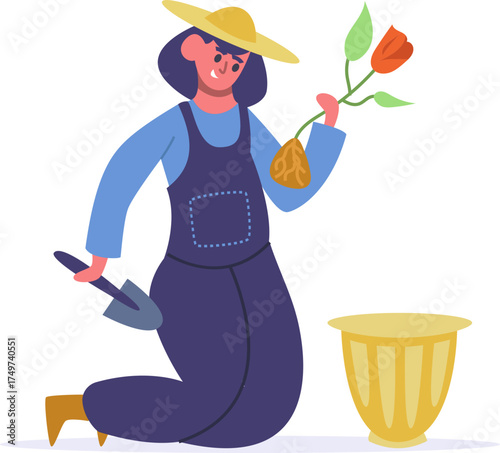Woman gardener planting tulip flower in pot