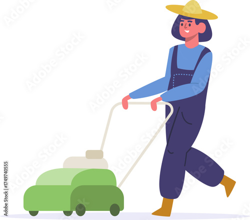 Woman gardener mowing lawn, doing backyard work