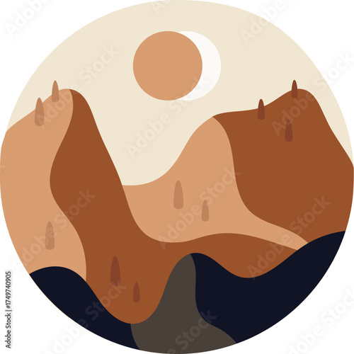 Abstract landscape with mountains and sun eclipse