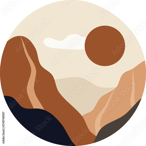 Abstract minimalist landscape with geometric terracotta sun