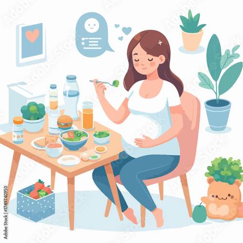 A pregnant woman happily eating a healthy meal at a table filled with nutritious food and drinks, surrounded by plants.