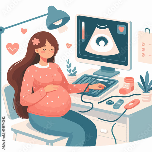 A pregnant woman is sitting at a desk, looking at an ultrasound image on a computer screen.