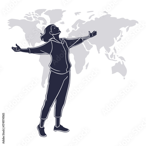 Print Person in vr headset with arms outstretched against a world map background
