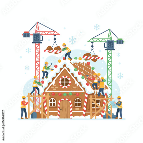 Whimsical christmas scene of a gingerbread house under construction with tiny people and cranes adding festive decorations and candy elements to the roof and walls for the holiday season