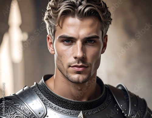 A captivating portrait of a fair-haired man in medieval armor, with a sharp gaze. Soft lighting enhances the image, evoking a sense of heroism