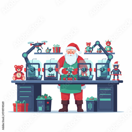 Santa claus in his modern workshop surrounded by 3d printers and futuristic toys showcasing a blend of christmas tradition and technological innovation for the holidays