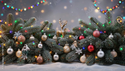 A cozy Christmas arrangement with a tree decorated with snow and shiny balls. An ideal, warm atmosphere of winter holidays in the house has been created.
