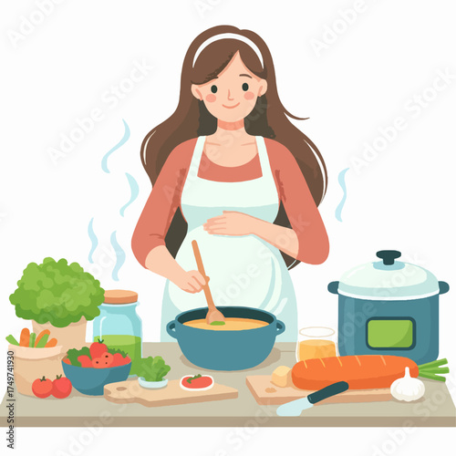 A smiling pregnant woman in an apron stirring a pot of healthy food on a kitchen counter with fresh vegetables and cooking ingredients.