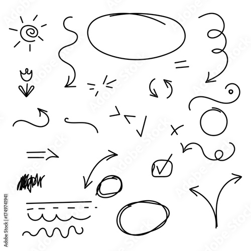 Set of hand drawn elements for infographic,arrows,circles,sun,check mark,cross, flower, doodle lines,hand drawn design elements isolated on white background