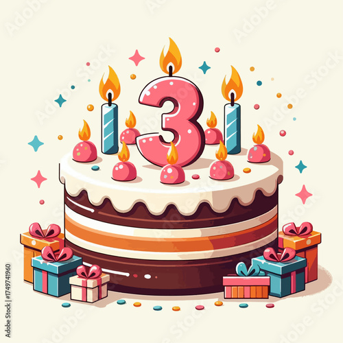 A festive birthday cake with the number 3 candle, surrounded by colorful gifts and sparkling confetti, celebrating a third birthday.