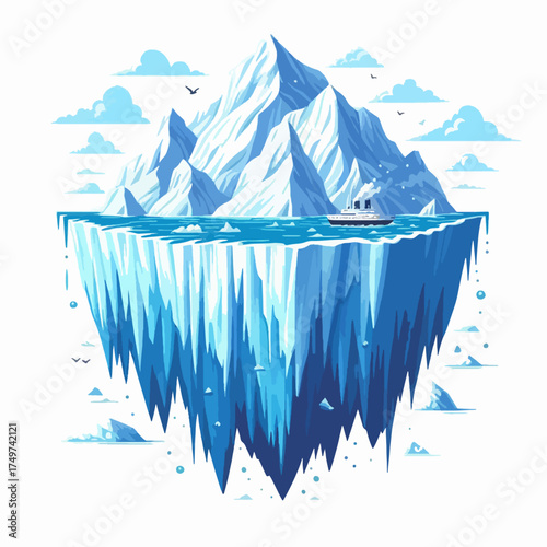 A stylized illustration of a massive iceberg floating in blue water with a small ship, showing both its visible and submerged parts.