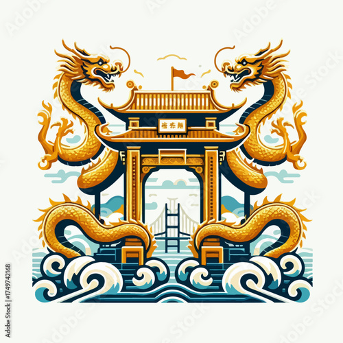 Golden dragons flank a traditional Chinese gate with a bridge visible behind it, set against a stylized sky and water background.