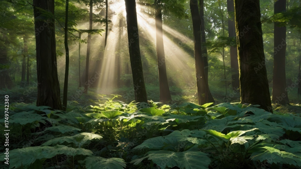 Fototapeta premium Sunlight streams through a dense forest, illuminating the lush undergrowth and trees.