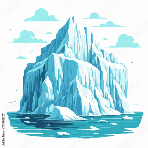 Illustration of a large iceberg floating in the ocean with a clear sky background.