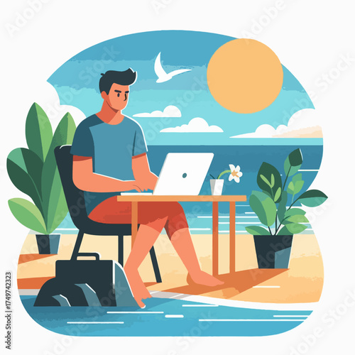 A man working remotely on a laptop at a desk situated on a beautiful tropical beach by the ocean.