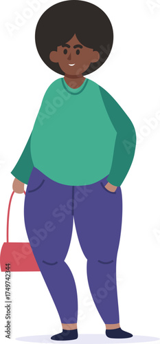 African American woman standing with purse and afro