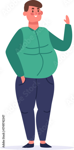 Plus size man waving hand smiling friendly character