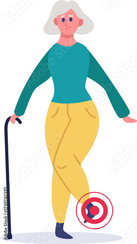 Elderly woman experiencing ankle pain using walking stick