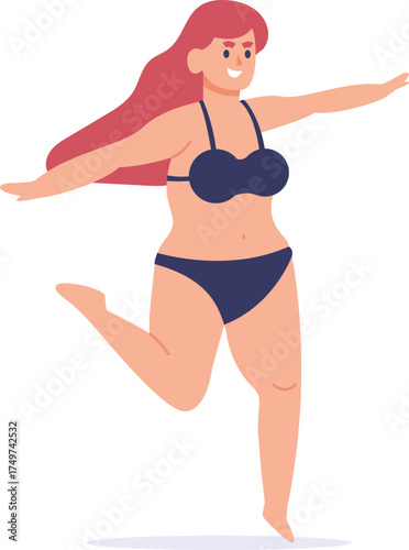 Body positive woman running in bikini feeling joy