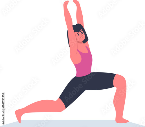 Woman practicing yoga warrior pose illustration for wellness
