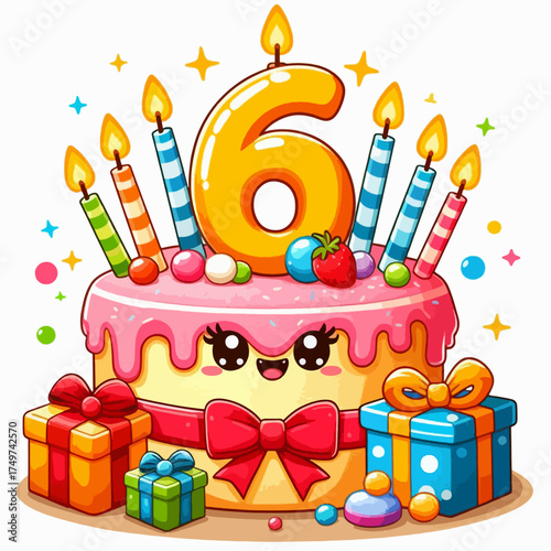 A vibrant and cheerful cartoon illustration of a birthday cake adorned with candles, gifts, and festive decorations, celebrating a sixth birthday.