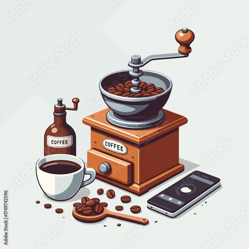 A detailed illustration of coffee-making essentials including a vintage hand grinder, a cup of brewed coffee, and scattered beans, alongside a smartphone.