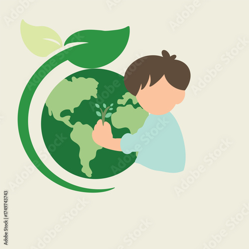 Child planting trees hugging the Earth, green eco world concept, environmental protection, save the planet, love nature, sustainable life, eco-friendly lifestyle, kid caring for trees, global ecology