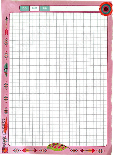 Hoja de papel de cuaderno rosa cuadriculado