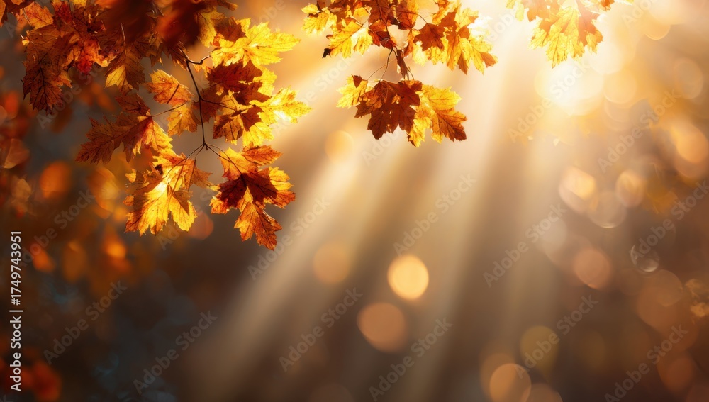 Naklejka premium Golden autumn leaves with sunlight streaming through, creating a warm and serene atmosphere