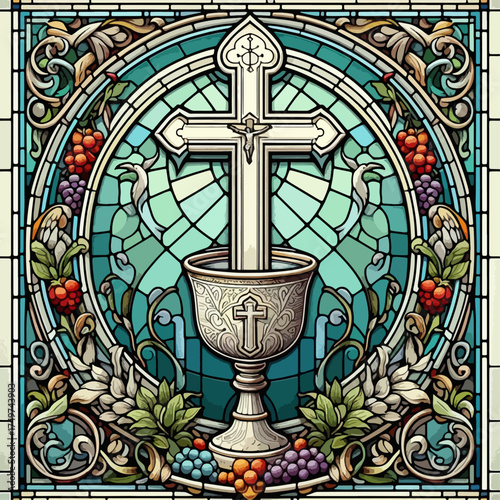 A beautiful stained glass window depicting a cross emerging from a chalice, surrounded by ornate floral and fruit motifs.