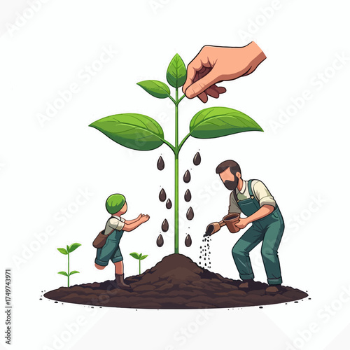 A father and son planting seeds together, nurturing a growing plant, symbolizing generational growth and gardening.
