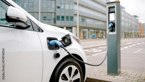 Electric car charging in a modern urban setting during daylight hours