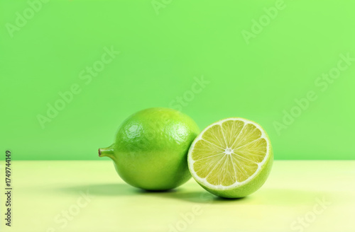 Fresh green limes on a light yellow surface with a bright green background showcasing their vibrant color and texture