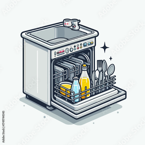A cartoon illustration of an open dishwasher filled with clean dishes, cutlery, and bottles, with mugs on top, in an isometric view.